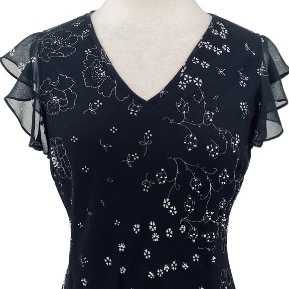 Vintage Y2k Beaded Floral Bias Cut Midi Dress Flutter Sleeve Fairy Black Medium - Picture 4 of 11